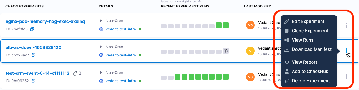 More options menu, showing Add to ChaosHub for an experiment